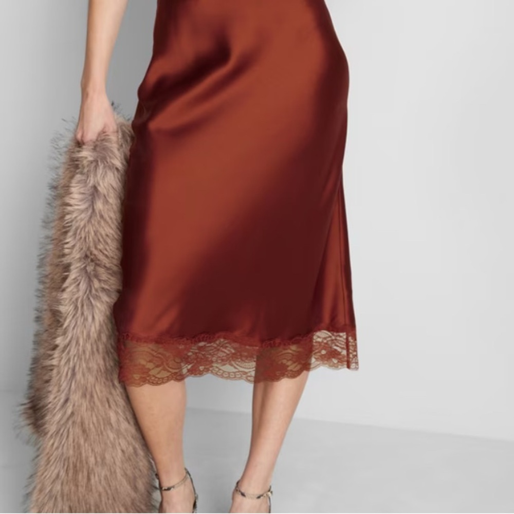 Rust orange Satin Lace Midi Skirt size small NWT